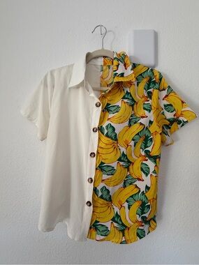 Women’s Half-Graphic Short Sleeve Shirt - Cream & Yellow Banana Print